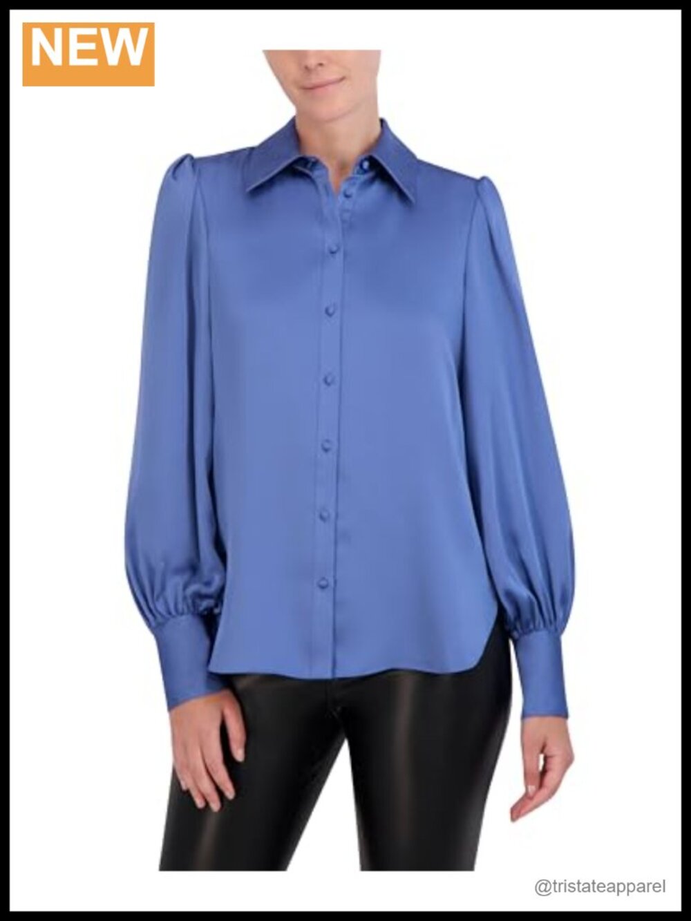 Long Balloon Sleeve Satin Shirt with Collar and Button Cuffs